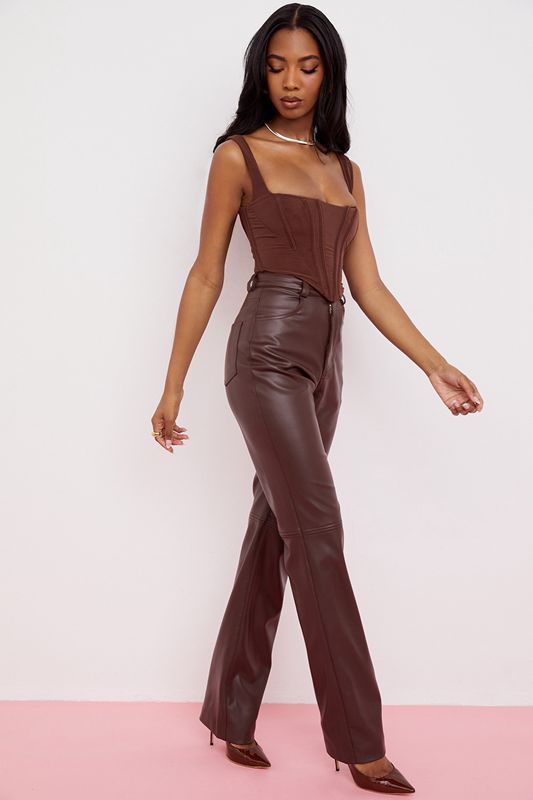 Chocolate House Of Cb Brown Stretch Vegan Leathers  Pants | EJD-738014