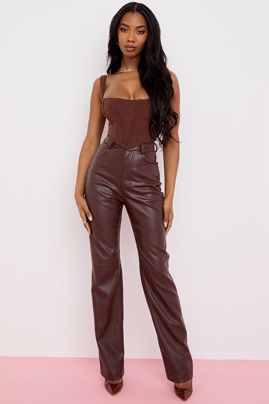 Chocolate House Of Cb Brown Stretch Vegan Leathers  Pants | EJD-738014