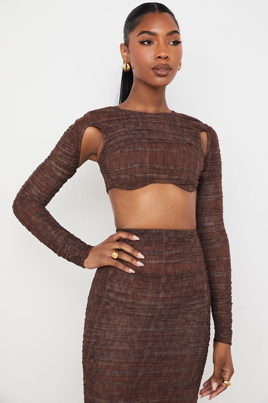 Chocolate House Of Cb Print Ruched Mesh Cutout Cropped Tops | ZGN-851342