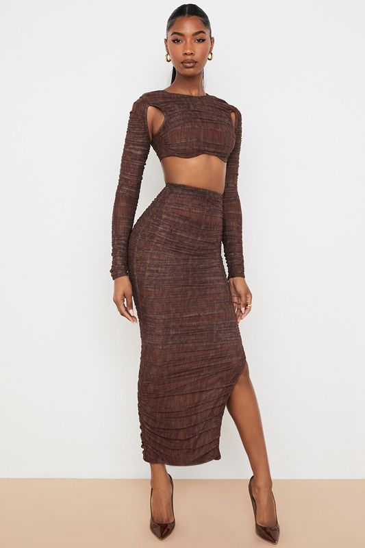 Chocolate House Of Cb Print Ruched Mesh Cutout Cropped Tops | ZGN-851342