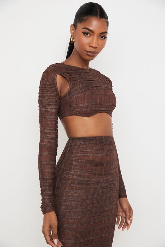 Chocolate House Of Cb Print Ruched Mesh Cutout Cropped Tops | ZGN-851342