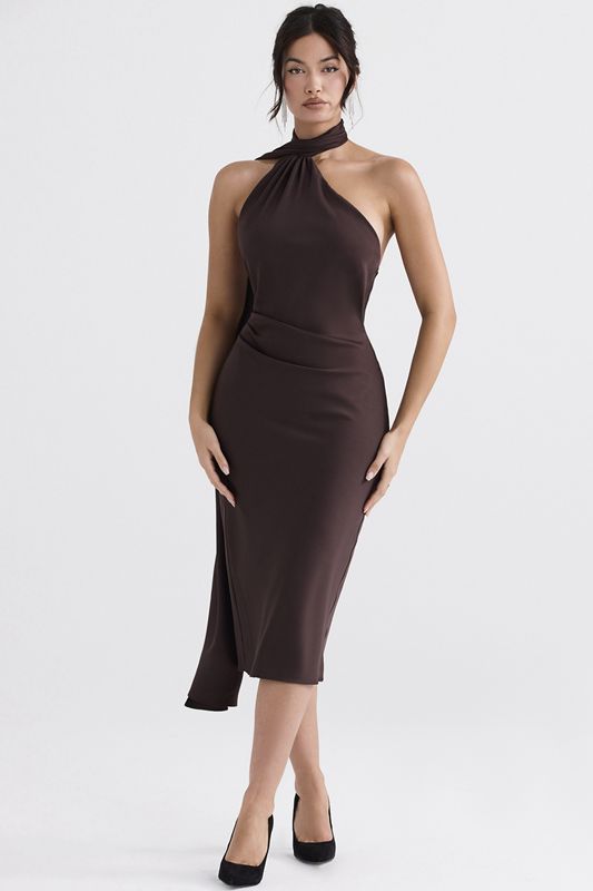 Chocolate House Of Cb Wrap Neck Midi Dress | LCP-643127