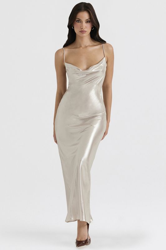 Cream House Of Cb Shimmer Low Back Maxi  Dress | EHT-908675