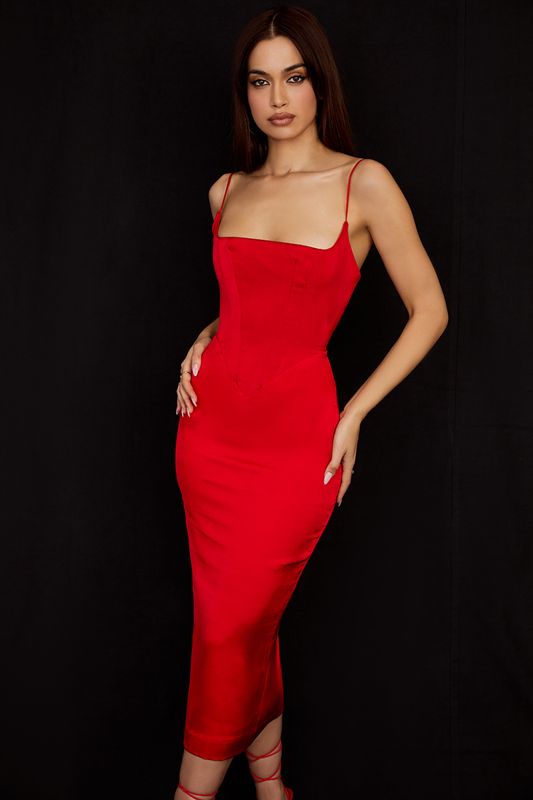 Deep Red House Of Cb Satin  Midi Dress | WCG-503496