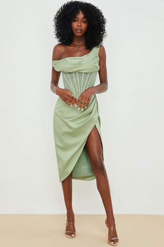 Green House Of Cb Asymmetric Drape Midi Dress | NUE-837249