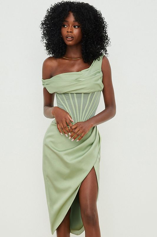 Green House Of Cb Asymmetric Drape Midi Dress | NUE-837249