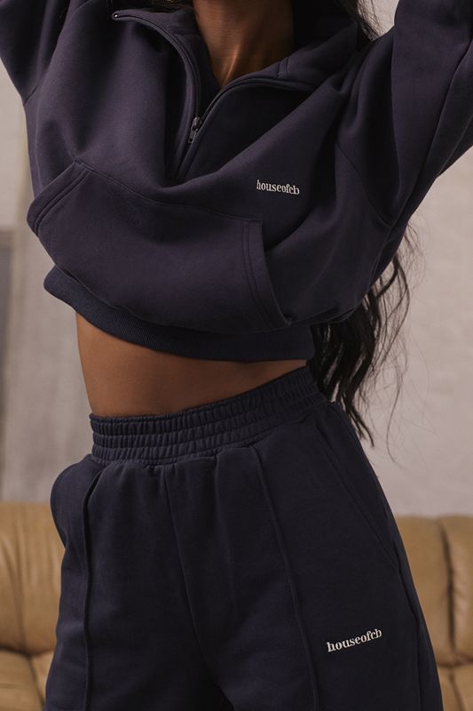 Navy House Of Cb Cropped Zip Front Sweatshirts | OYM-053679