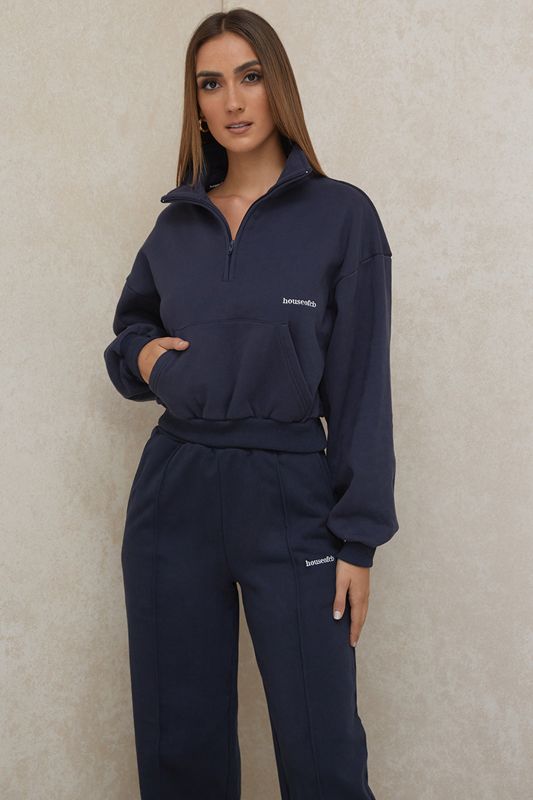 Navy House Of Cb Cropped Zip Front Sweatshirts | OYM-053679