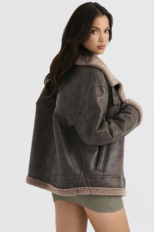 Olive House Of Cb Green Vegan Shearling Aviator  Jacket | HMJ-958043