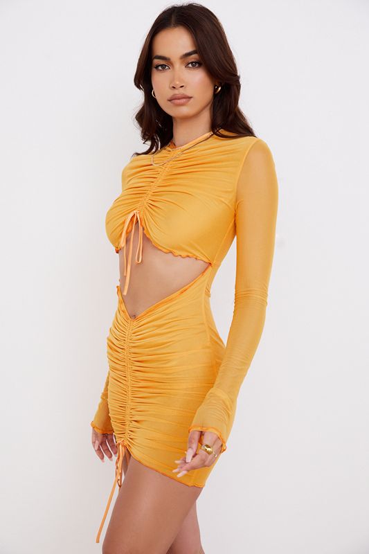 Orange House Of Cb Ruched Mesh Long Sleeve Cutout Mini Dress | ZVG-038526