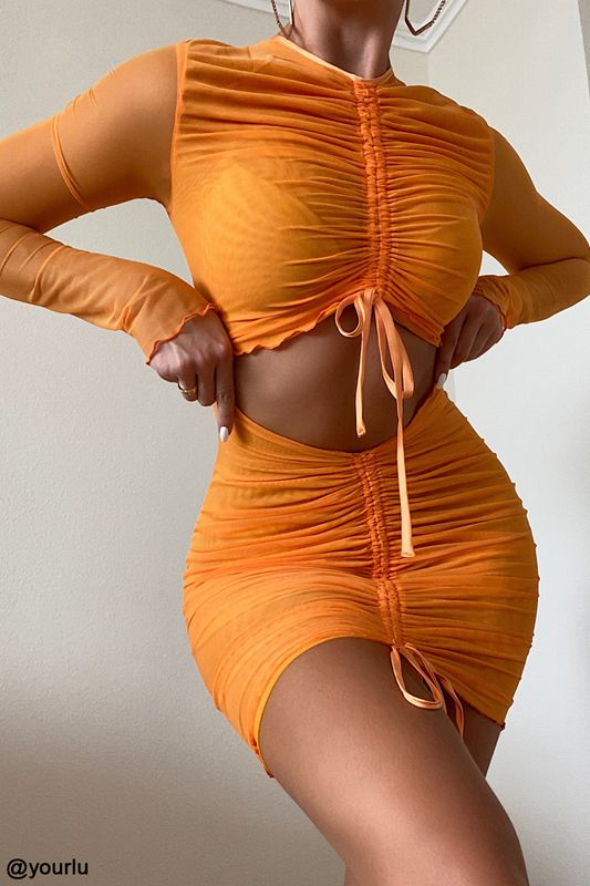 Orange House Of Cb Ruched Mesh Long Sleeve Cutout Mini Dress | ZVG-038526