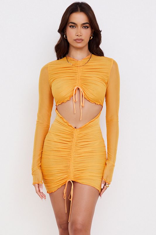 Orange House Of Cb Ruched Mesh Long Sleeve Cutout Mini Dress | ZVG-038526