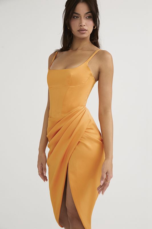 Orange House Of Cb Satin Pleated Midi Dress | CIT-296531