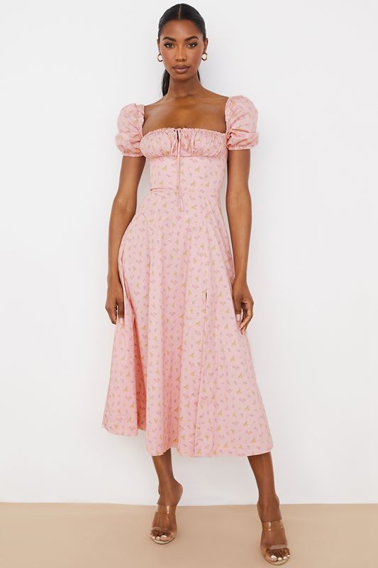 Pink House Of Cb Floral Puff Sleeve Midi Dress | YFZ-312095