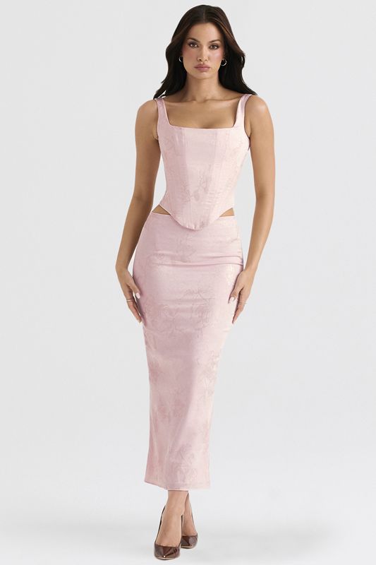 Pink House Of Cb Metallic Floral Satin Midi  Skirts | ESR-576139