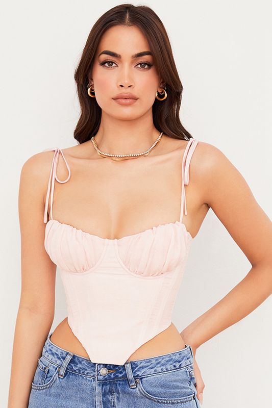 Pink House Of Cb Pink Chiffon Gathered Bust Cropped Bodysuit | OIL-275490