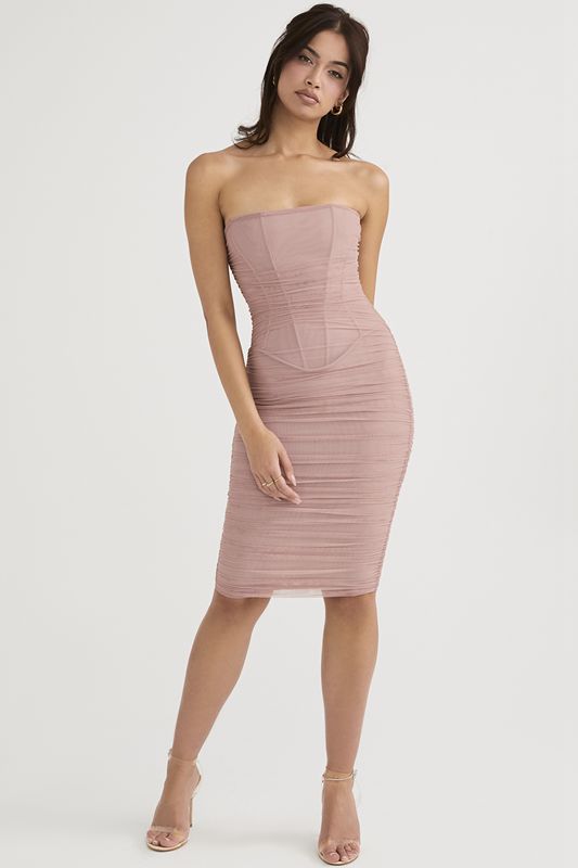 Pink House Of Cb Strapless Ruched Midi Dress | KLG-081537