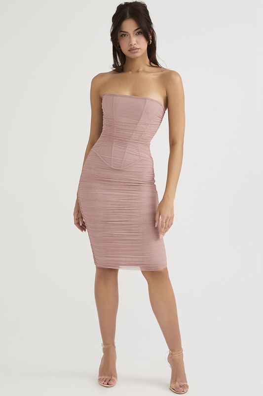 Pink House Of Cb Strapless Ruched Midi Dress | KLG-081537