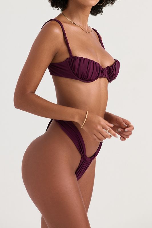 Purple House Of Cb Gathered High Leg Bikini Bottoms | KAX-285703