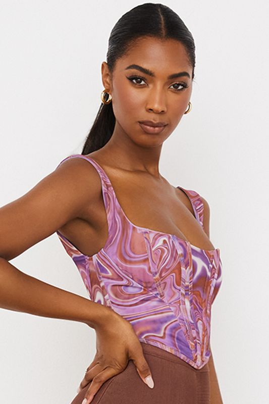 Purple House Of Cb Swirl Print Mesh Bodysuit | HCZ-642978