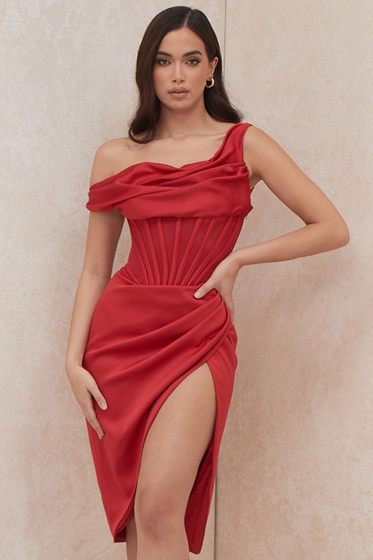 Red House Of Cb Asymmetric Drape Midi Dress | TBY-068173