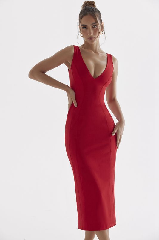 Red House Of Cb Rose Plunge Maxi Dress | VJX-578143