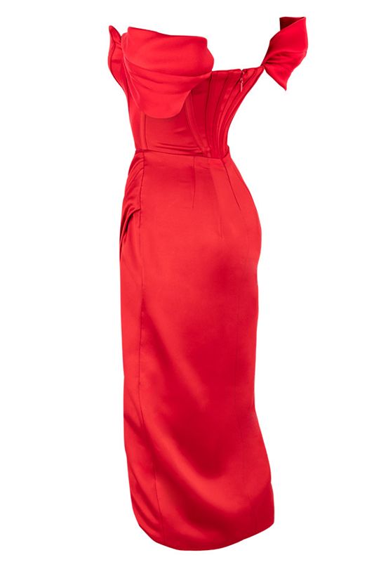 Red House Of Cb Satin Off Shoulder Dress | MGW-294516