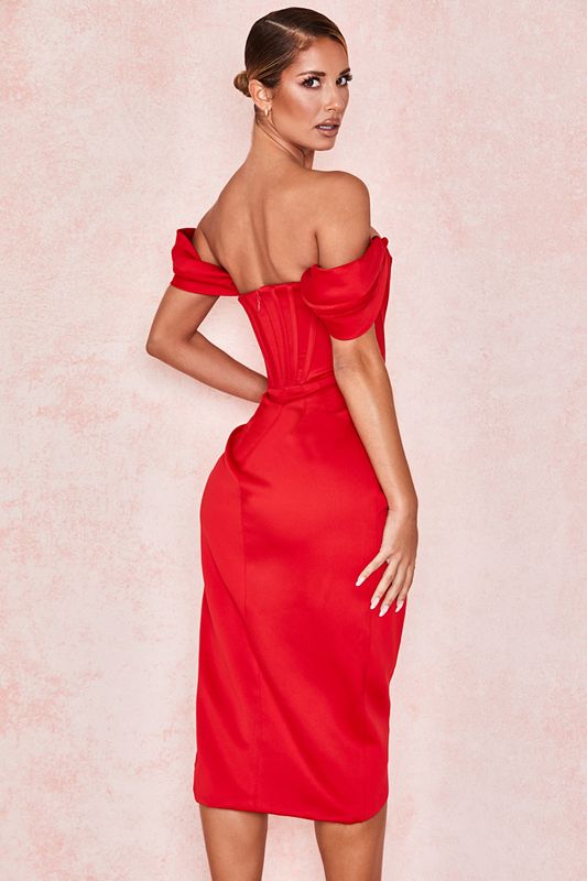 Red House Of Cb Satin Off Shoulder Dress | MGW-294516