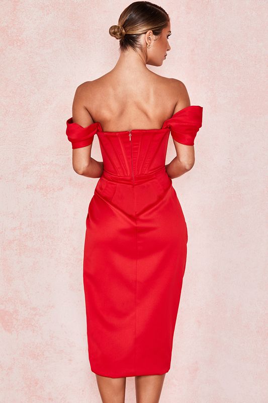 Red House Of Cb Satin Off Shoulder Dress | MGW-294516