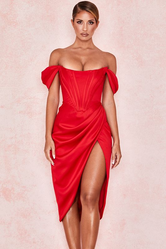 Red House Of Cb Satin Off Shoulder Dress | MGW-294516