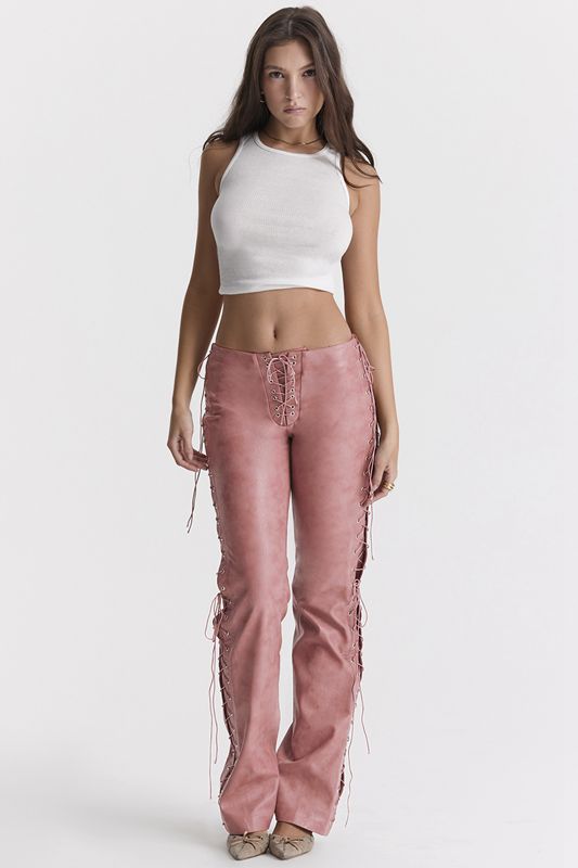 Rose House Of Cb Pink Vegan Leather Lace Ups Pants | PKT-628073