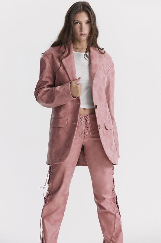 Rose House Of Cb Pink Vegan Leather Oversized  Blazer | MLI-570894