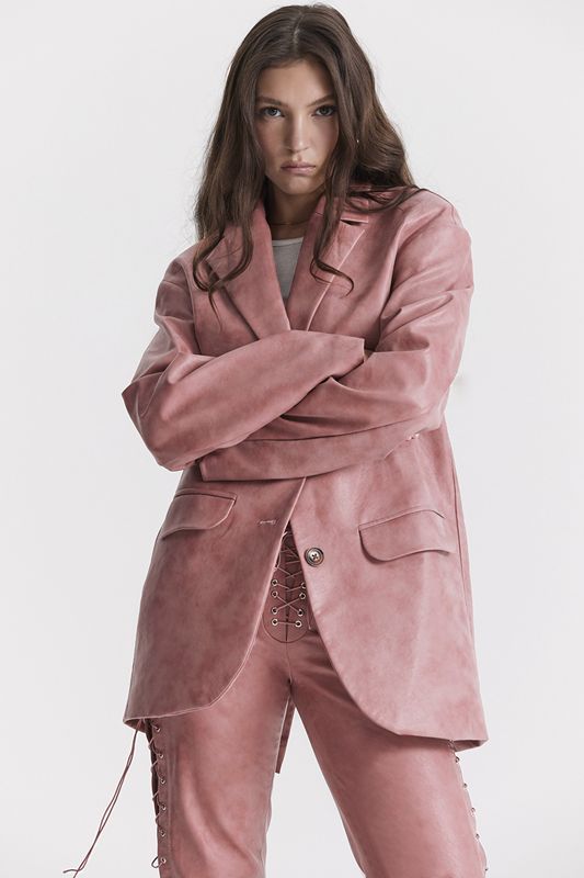 Rose House Of Cb Pink Vegan Leather Oversized  Blazer | MLI-570894