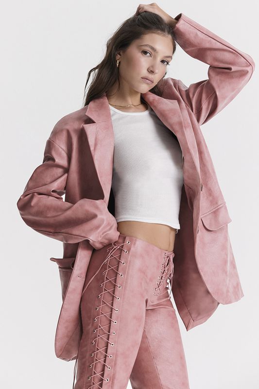 Rose House Of Cb Pink Vegan Leather Oversized  Blazer | MLI-570894