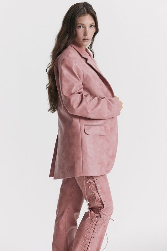 Rose House Of Cb Pink Vegan Leather Oversized  Blazer | MLI-570894