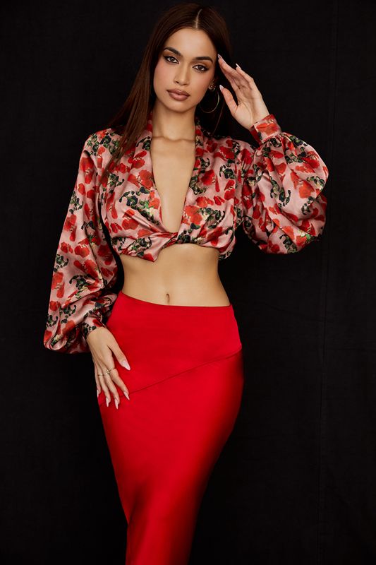 Rose House Of Cb Print Satin Plunge Tops | AKT-234796