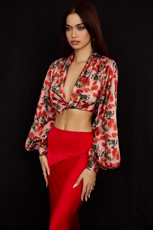 Rose House Of Cb Print Satin Plunge Tops | AKT-234796