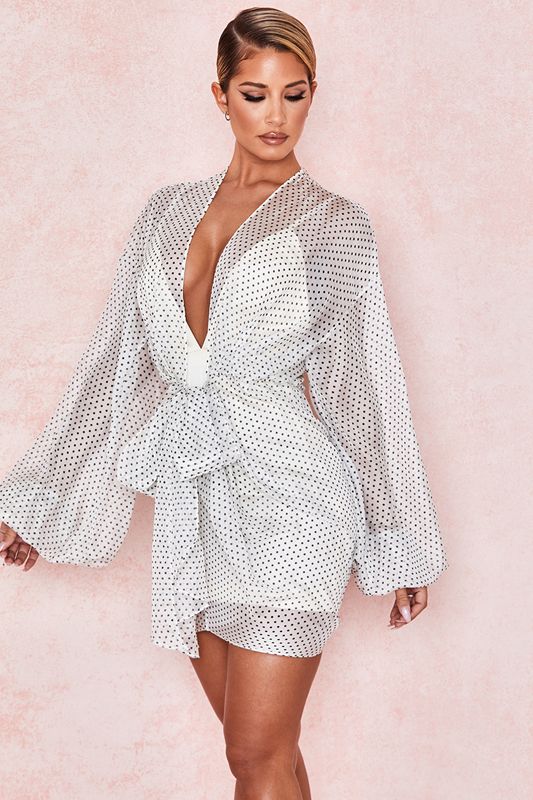 White House Of Cb Dot Blouson Sleeve Wrap  Dress | BKY-718402