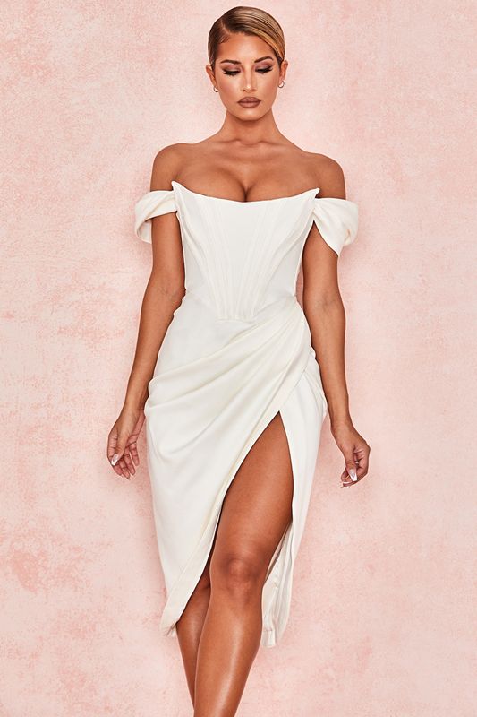 White House Of Cb Satin Off Shoulder Dress | ODC-903285