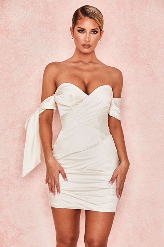 White House Of Cb Satin Off Shoulder Tie  Dress | WPM-305814