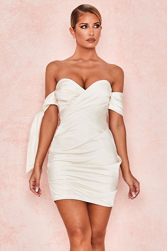 White House Of Cb Satin Off Shoulder Tie  Dress | WPM-305814